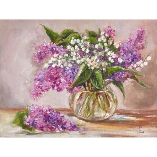 ライラックの油絵 内藤一男「ライラック」油絵・F6号 絵画買取・販売の小竹美術
