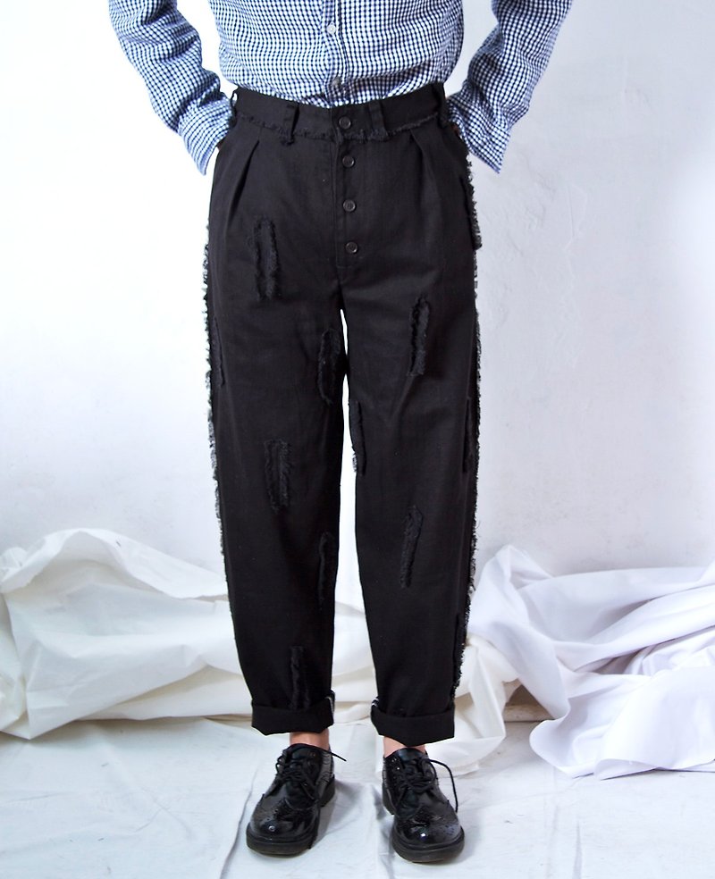 Black cotton side seam personalized design washed canvas casual pants unisex size can be customized - กางเกงขายาว - ผ้าฝ้าย/ผ้าลินิน 