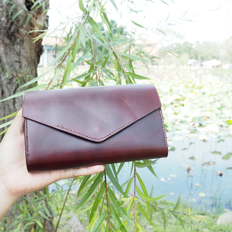 Leather side back long clip envelope shape multifunctional coffee red - กระเป๋าสตางค์ - หนังแท้ สีนำ้ตาล