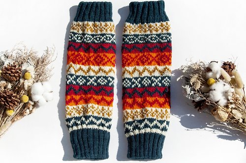 omhandmade 手織純羊毛針織襪套/編織羊毛襪套/內刷毛襪套/保暖襪套-北歐圖騰