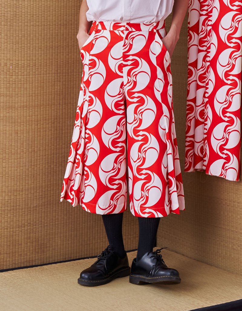 INF 24AW Japanese hakama-style Deconstructed Wide Shorts (Red printing) - กางเกงขายาว - เส้นใยสังเคราะห์ สีแดง