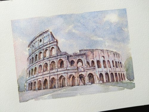 ローマの風景(水彩画)額付き 絵画 街の風景画 イタリア ローマの自転車 インテリアアート額