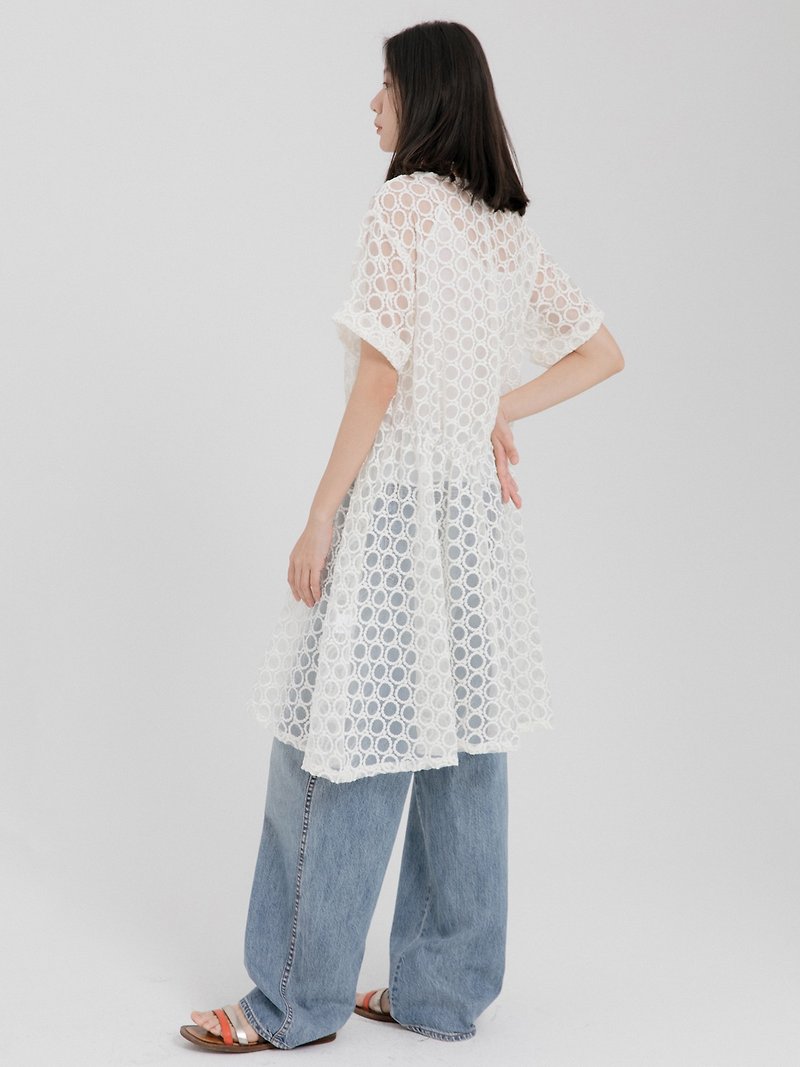 White 3D Polka Dot Embroidery Gauze See-Through Dress Multi-layered Top - ชุดเดรส - เส้นใยสังเคราะห์ ขาว