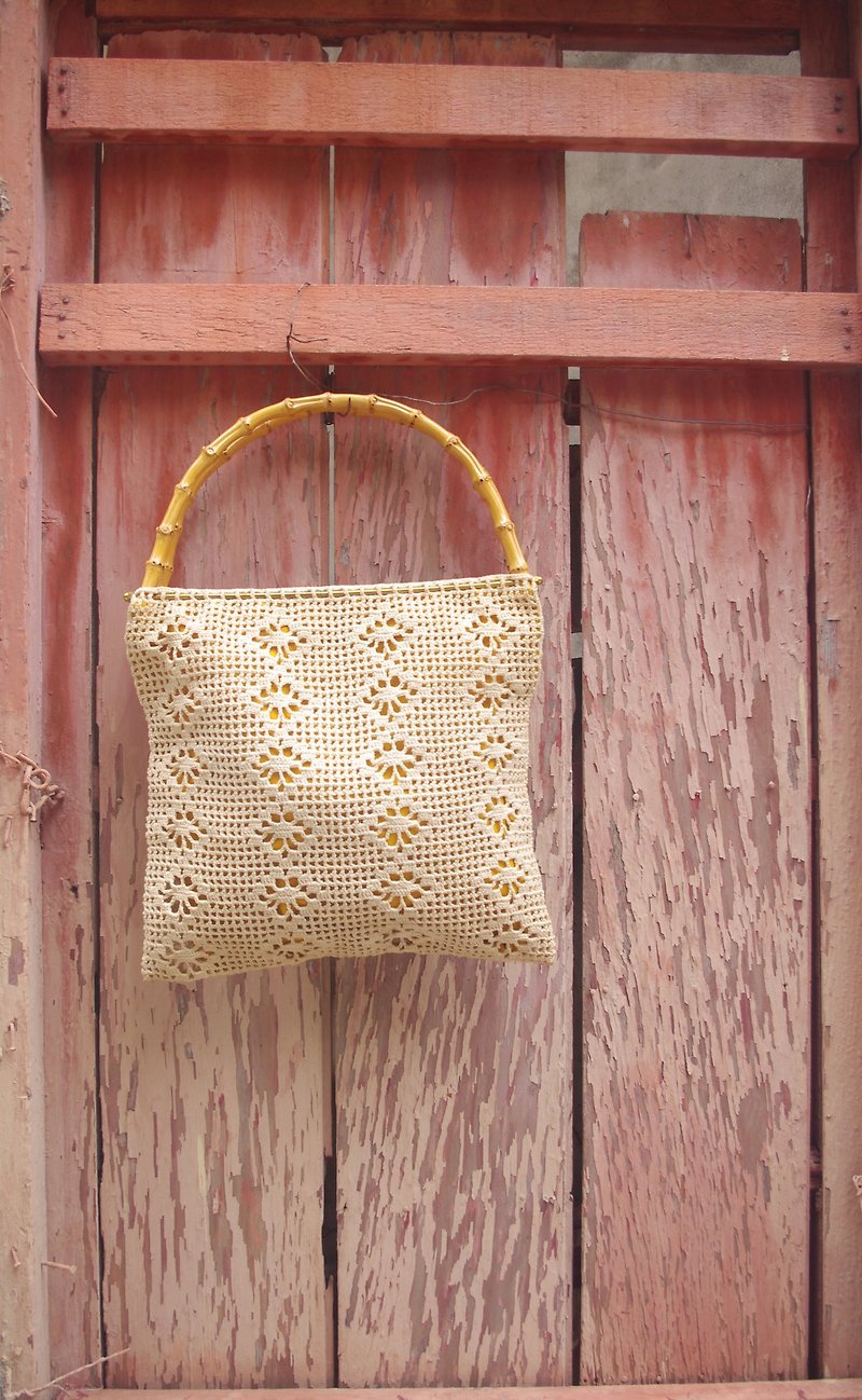 4.5studio- Nordic ancient antique bag - bamboo handles traditional hand crochet handbag - กระเป๋าถือ - ผ้าฝ้าย/ผ้าลินิน สีเหลือง