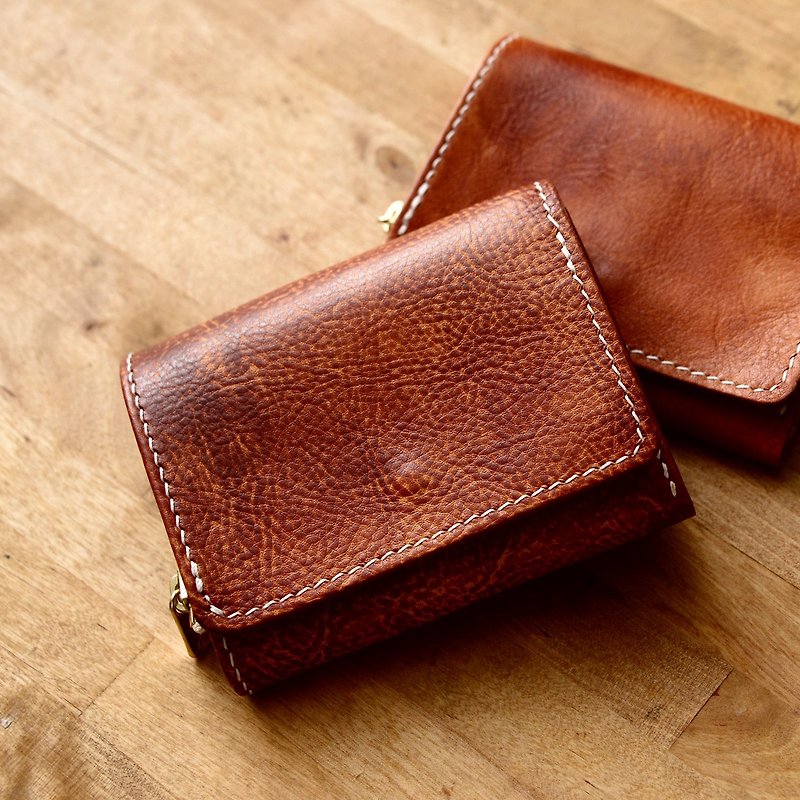 Cans hand made yellow brown vegetable tanned leather zipper scroll small wallet new new human series Japanese minimalist wind - กระเป๋าสตางค์ - หนังแท้ สีนำ้ตาล