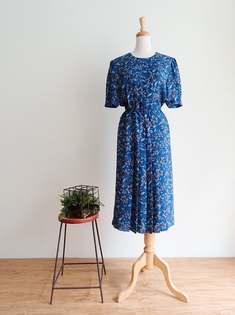 Vintage / short-sleeved dress no.109 tk - ชุดเดรส - เส้นใยสังเคราะห์ สีน้ำเงิน