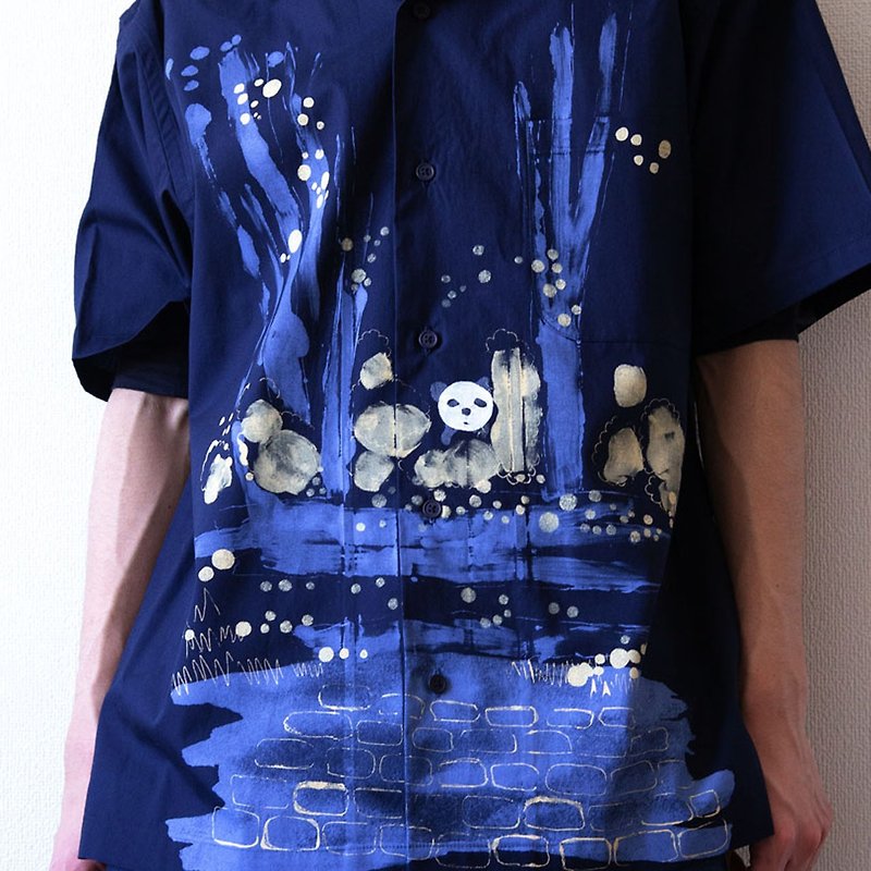 棉．麻 帽T/大學T 多色 - Forest panda illustration open shirt 1020 pattern cotton navy blue unisex