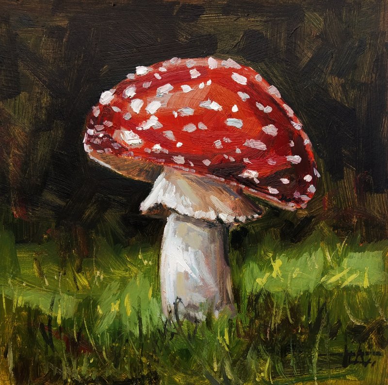 Red mushroom Oil painting ORIGINAL art Fly agaric Amanita forest artwork 8x8 - 壁貼/牆壁裝飾 - 紙 多色