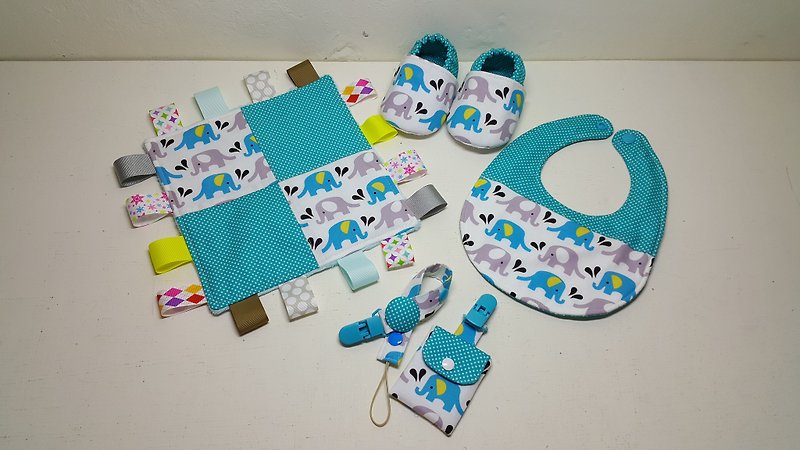 Elephant in the water spray moon baby shoes + comfort towel + bib + peace symbol bag + pacifier clip chain - Baby Gift Sets - Cotton & Hemp Blue