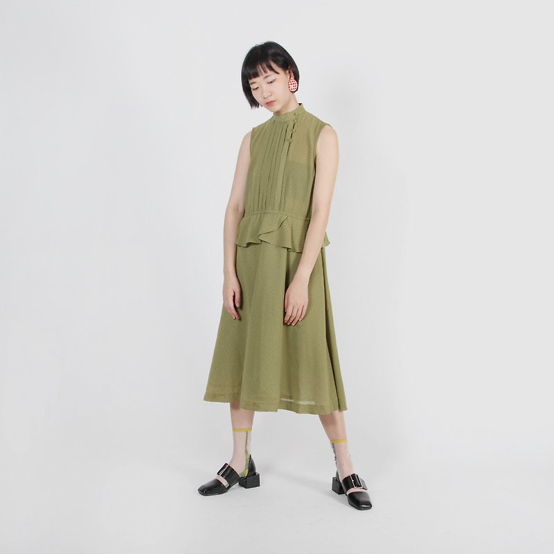 [Egg plant ancient] black rice matcha stand collar sleeveless vintage dress - ชุดเดรส - เส้นใยสังเคราะห์ สีเขียว