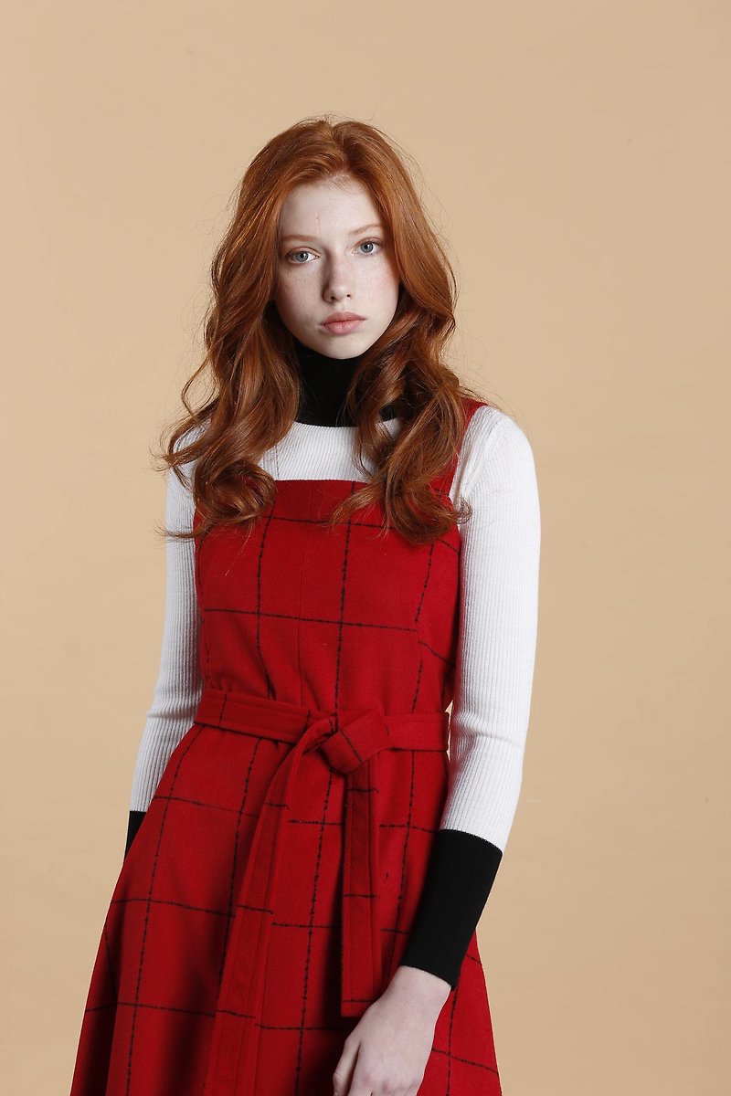 格紋毛料球型剪裁吊帶洋裝/紅 - 連身裙 - 羊毛 紅色