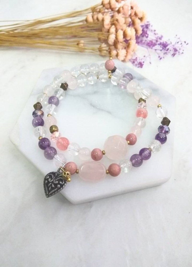 [Love says] - Carved copper heart crystal Amethyst white crystal rose stone two ring bracelet female gift - Bracelets - Crystal Pink