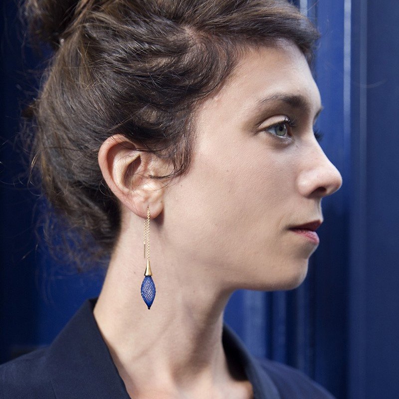 French handmade nylon flower 苞 earrings _ sapphire blue - Earrings & Clip-ons - Polyester Blue