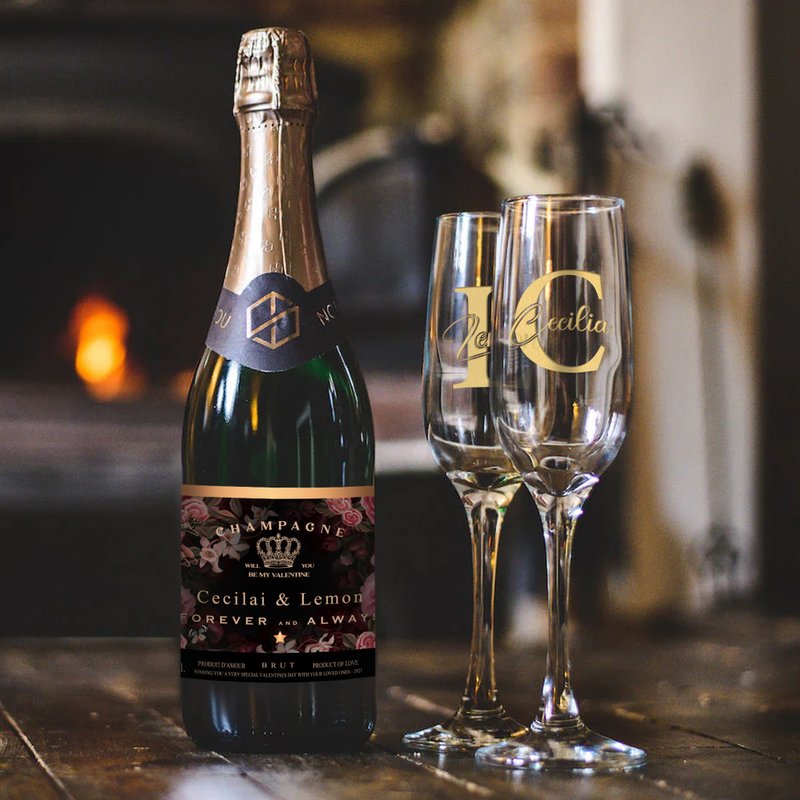 客製酒標貼紙 無酒精香檳單支雙杯 |情侶禮物 結婚週年紀念日禮物 - 果汁/蔬果汁 - 玻璃 