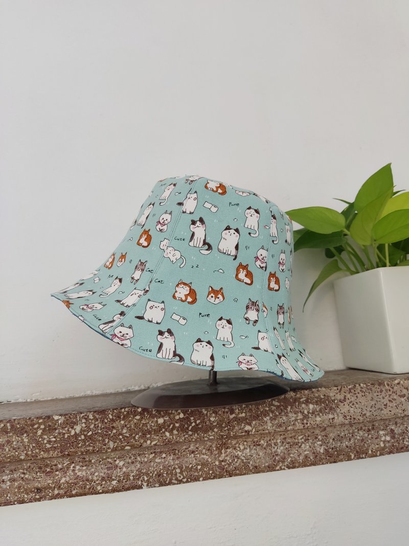 Handmade double-sided fisherman hat/short brim/sun hat/aqua blue/little kitten - หมวก - ผ้าฝ้าย/ผ้าลินิน 