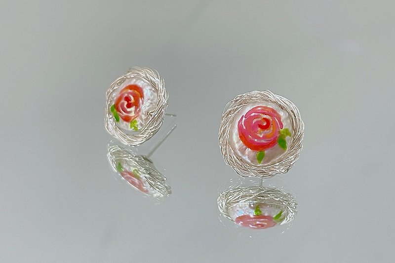 Hand-painted Rose Flower Natural Pearl Stud Earrings 925 Silver Niche Design Elegant Gift - ต่างหู - ไข่มุก ขาว
