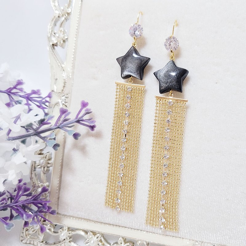 Natural top Silver Stone star auspicious star high gold row tassel career energy earrings limited - Earrings & Clip-ons - Gemstone Silver