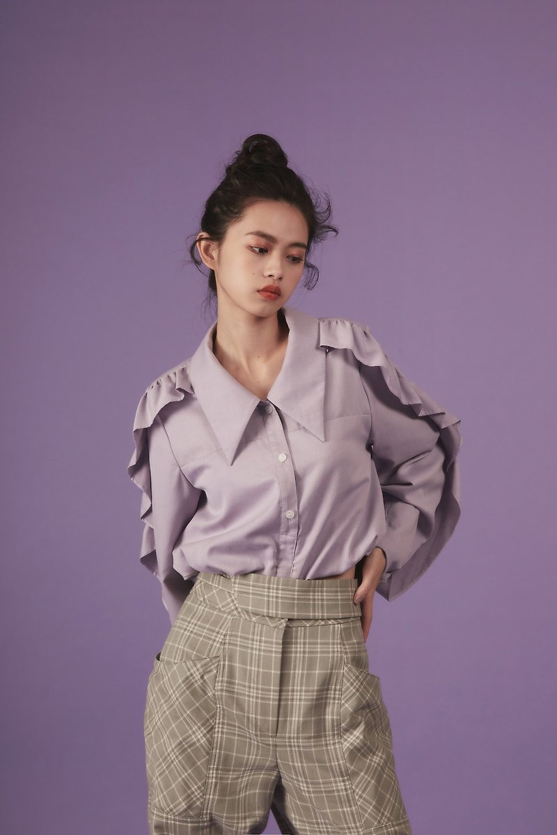 Ruffled Sleeves Short Blouse - Women's Tops - Cotton & Hemp Purple