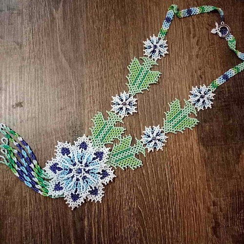 White Bird gallery of exquisite jewelry from Halyna Nalyvaiko Flower necklace Long beaded Necklace Native American style Necklace Beadwork