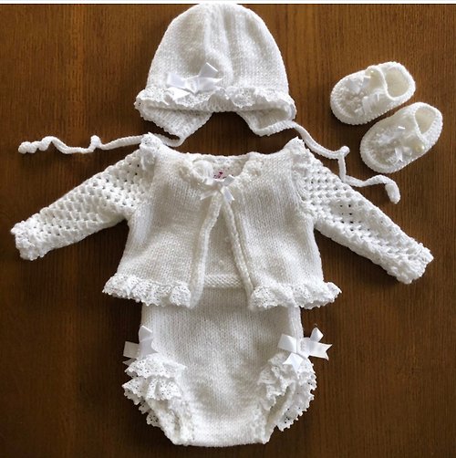 V.I.Angel White outfit for baby girl: romper, jacket, hat, booties.