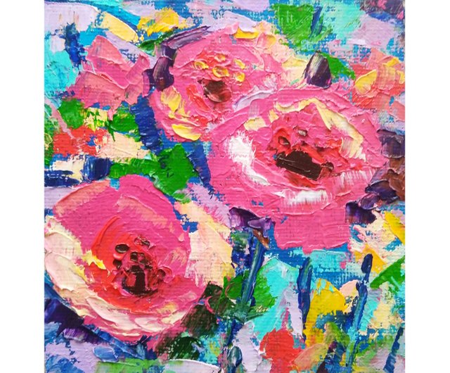 ポピーのオリジナル油絵、ピンクの花の壁アート、厚塗りの花のアート