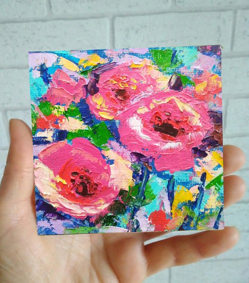 ポピー油彩画　オリジナル ポピーのオリジナル油絵、ピンクの花の壁アート、厚塗りの花のアート