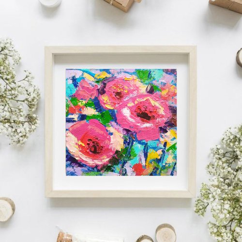 ポピーのオリジナル油絵、ピンクの花の壁アート、厚塗りの花のアート