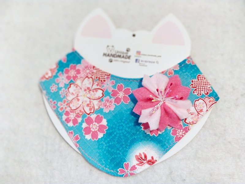 Pet cat and dog with double-sided cherry blossom sakura triangle scarf/neckwear + cherry blossom badge - Clothing & Accessories - Cotton & Hemp Blue