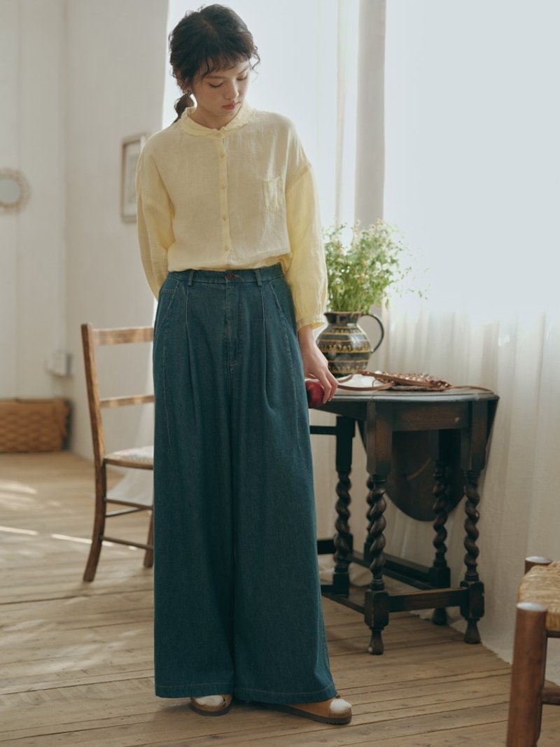 Pure cotton jeans with elastic waist, loose straight pants, Japanese style literary and artistic outfits for spring - กางเกงขายาว - ผ้าฝ้าย/ผ้าลินิน สีน้ำเงิน