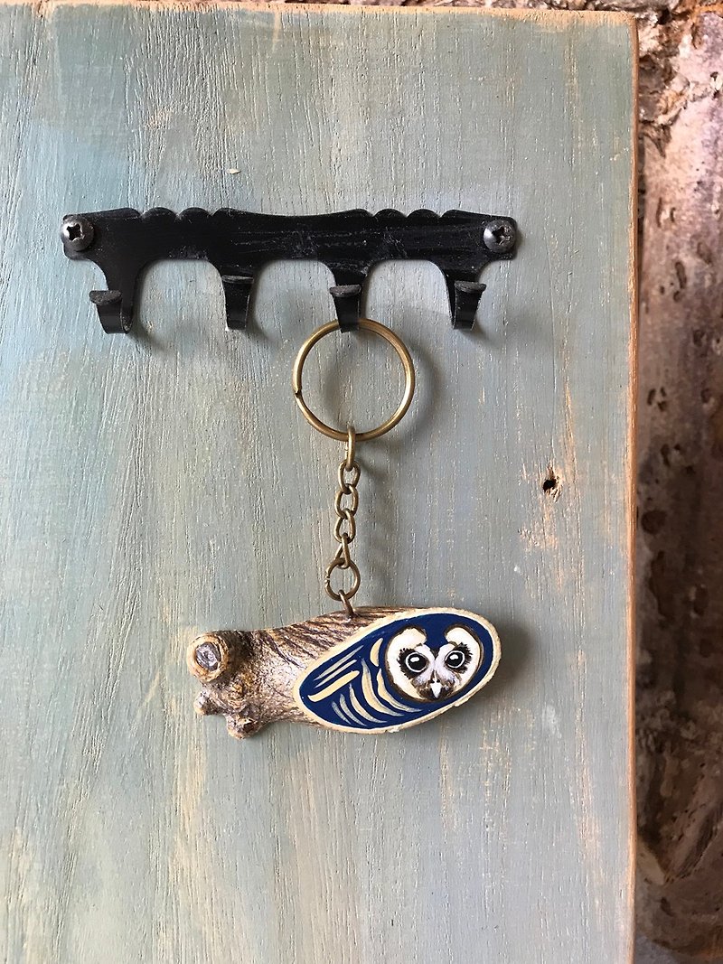 木片鑰匙圈/吊飾-藍色貓頭鷹01 - 鑰匙圈/鑰匙包 - 木頭 藍色