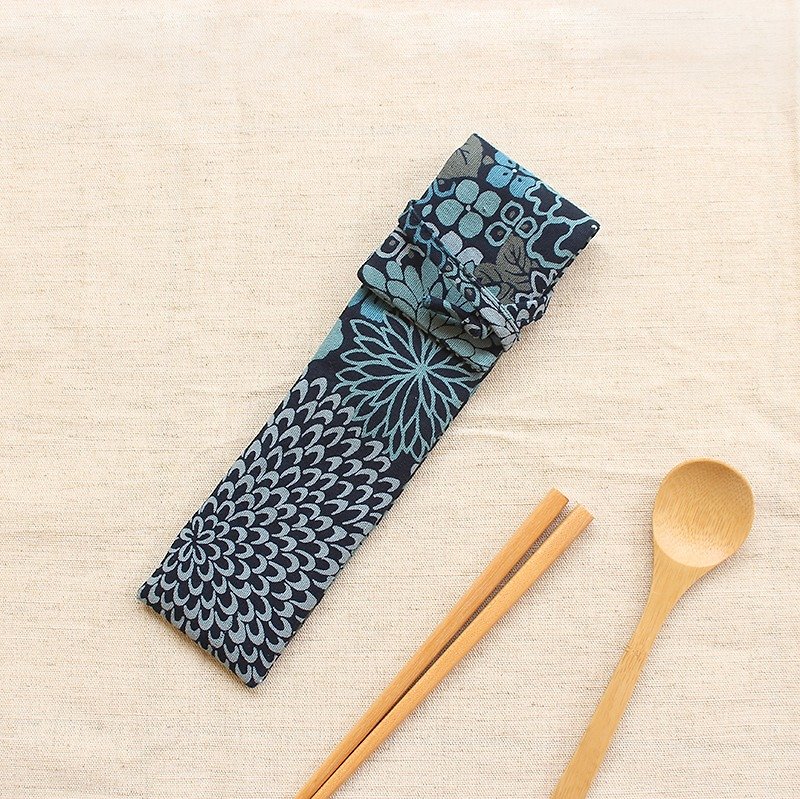 植物系素雅直式環保筷套/收納袋 - 筷子/筷架 - 棉．麻 藍色