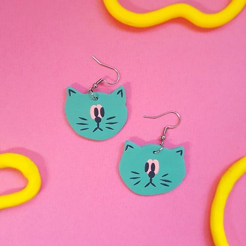 我物 WOW WOO ㄎㄧㄤ系列 耳環 - 喵喵 眼睛 互看 貓 藍綠 可愛 (可改耳夾