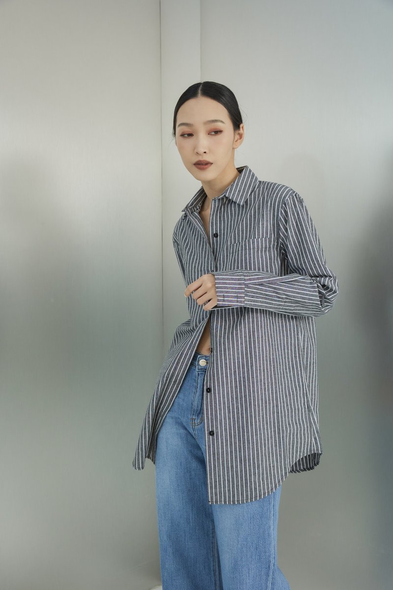 [Brand original] Ivy stiff Linen and linen striped shirt handsome black - Women's Tops - Cotton & Hemp Gray