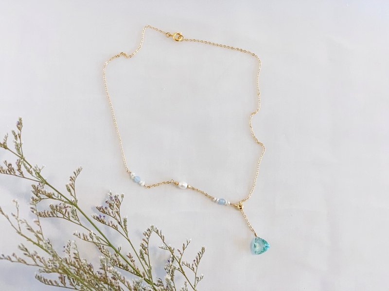 [Necklace] Adjustable Y-shaped chain quartz Stone aquamarine pearl necklace Valentine's Day gift - Necklaces - Pearl Gold