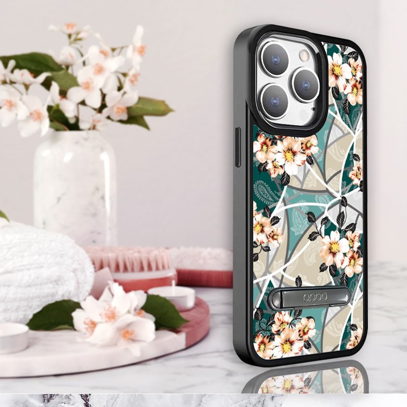 iPhone 15 14 シリーズ軍用規格の落下防止アルミニウム合金レンズフレームスタンド電話ケース - Goethe Rose - スマホケース・カバー - その他の素材 多色
