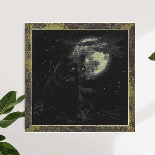 RomanovaCrossStitch Handmade Black panther Thread Painting Canvas Wall Art Picture for Living Room