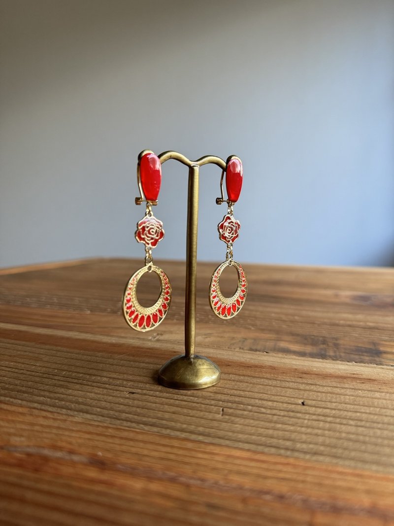 Gypsy-style rose large earrings _ earrings with anti-drop clip _Red_0055 - 耳環/耳夾/耳骨夾 - 其他金屬 紅色