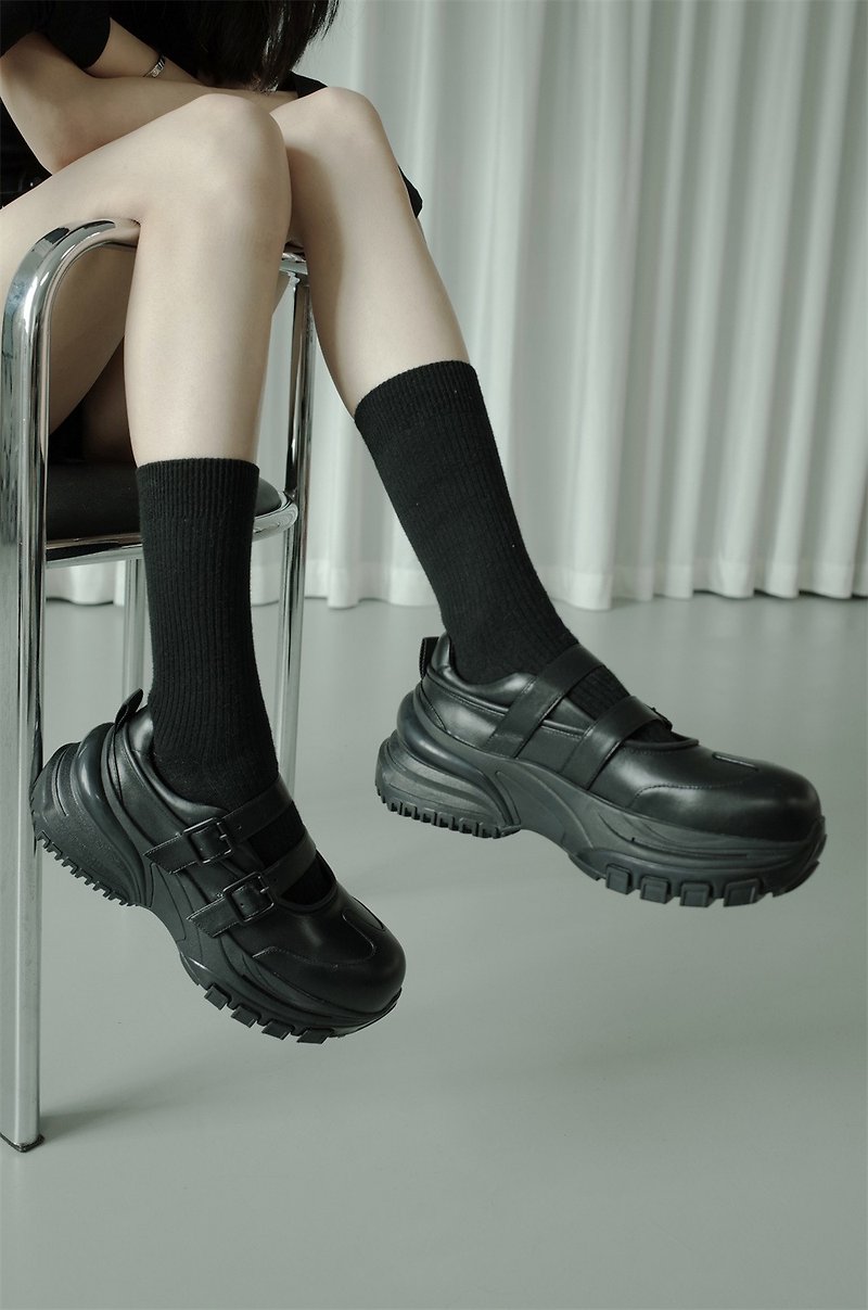 Black calf leather Glagoli platform functional style Mary Jane shoes fashionable sneakers - รองเท้าวิ่งผู้หญิง - หนังแท้ สีดำ