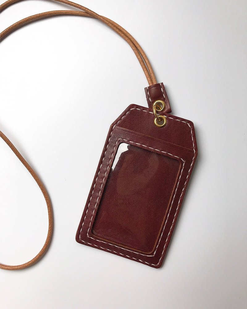 Leather Hand-made ID Card Holder - ที่ใส่บัตรคล้องคอ - หนังแท้ สีนำ้ตาล