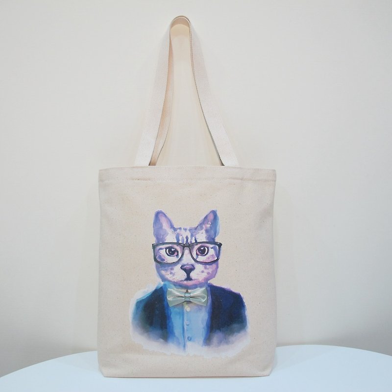 Exchanging gifts - handmade stereo stitching canvas shoulder bag tote bag - tweeter gentleman cat - กระเป๋าแมสเซนเจอร์ - ผ้าฝ้าย/ผ้าลินิน ขาว