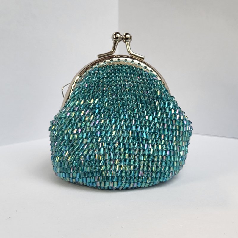 Handmade Beaded Crochet Clasp Purse - กระเป๋าใส่เหรียญ - ผ้าฝ้าย/ผ้าลินิน สีน้ำเงิน