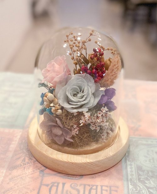 米夏花藝.手作.傢飾 永生花玻璃盅 夜燈 永生玫瑰 原木槽燈 防塵罩 情人節 禮物