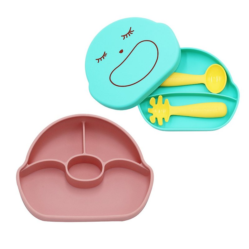 FARANDOLE分格不翻盤(粉色)+矽膠盒(藍綠-笑臉)+學習餐具組(黃) - 寶寶/兒童餐具/餐盤 - 矽膠 多色