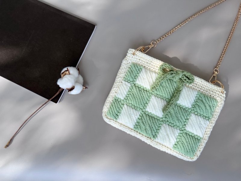 Handmade woven bag shoulder bag side bag crossbody bag - checkerboard bag - Messenger Bags & Sling Bags - Cotton & Hemp Green