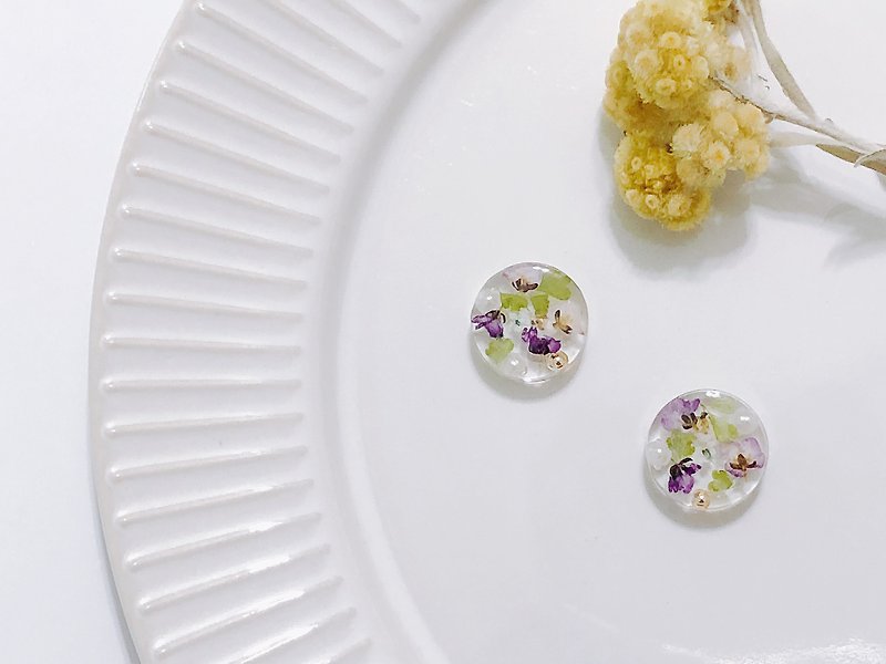 Perfume House Series - Violet Orchid Handmade Embossed Dry Flower Stick Ear Auricular Ear Pin/Aurture - ต่างหู - วัสดุอื่นๆ 