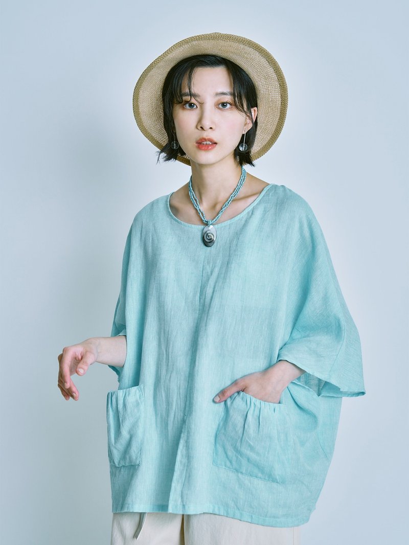 Hidden Fragrance Blouse Pocket Top-Qing Zi - เสื้อยืดผู้หญิง - ผ้าฝ้าย/ผ้าลินิน สีน้ำเงิน