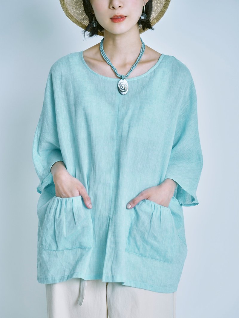 Hidden Fragrance Blouse Pocket Top-Qing Zi - Women's T-Shirts - Cotton & Hemp Blue