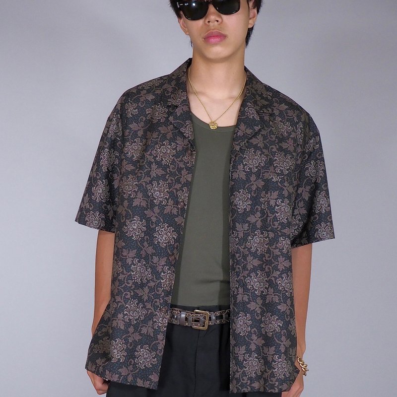 【日本製造】日本復古和服翻版、絲綢半袖襯衫男式 L、 - 女大衣/外套 - 絲．絹 灰色