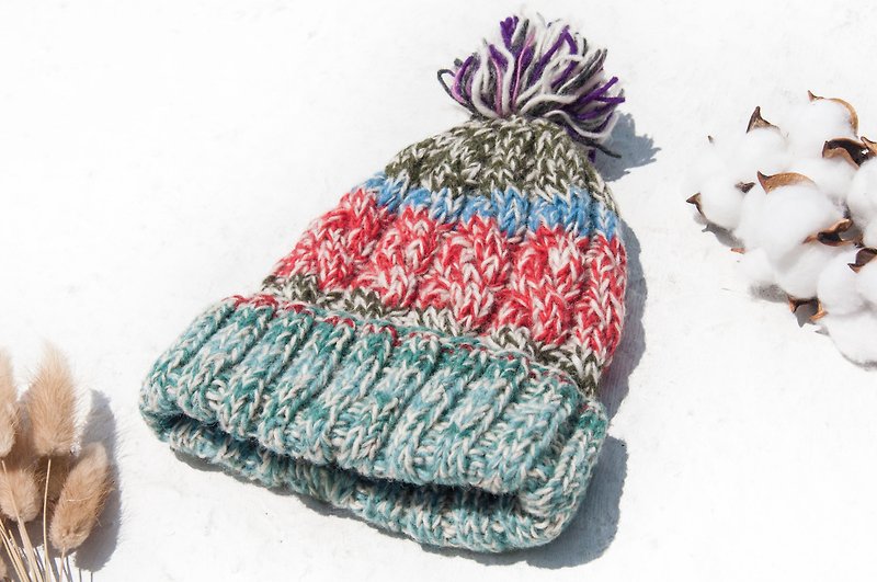 手編みの純粋なウールのキャップ/ニットキャップ/ニットキャップ/インナーブラシの毛の手織りの帽子 - 北欧ミント緑茶 - 帽子 - ウール 多色