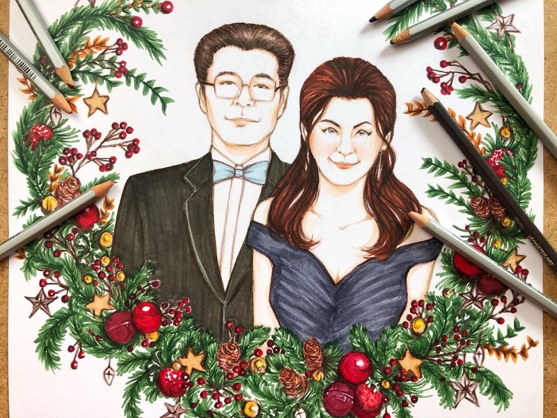 Couple portrait illustration with frame and digital file - 似顏繪/客製畫 - 紙 